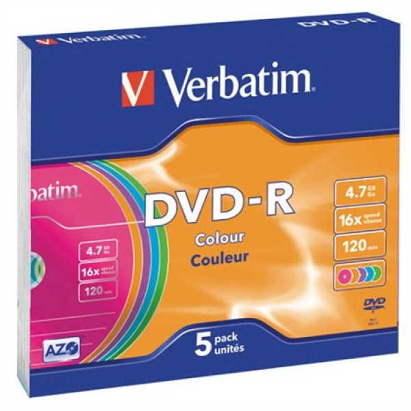 DVD-R lemez színes felület AZO 47GB 16x 5 db vékony tok VERBATIM