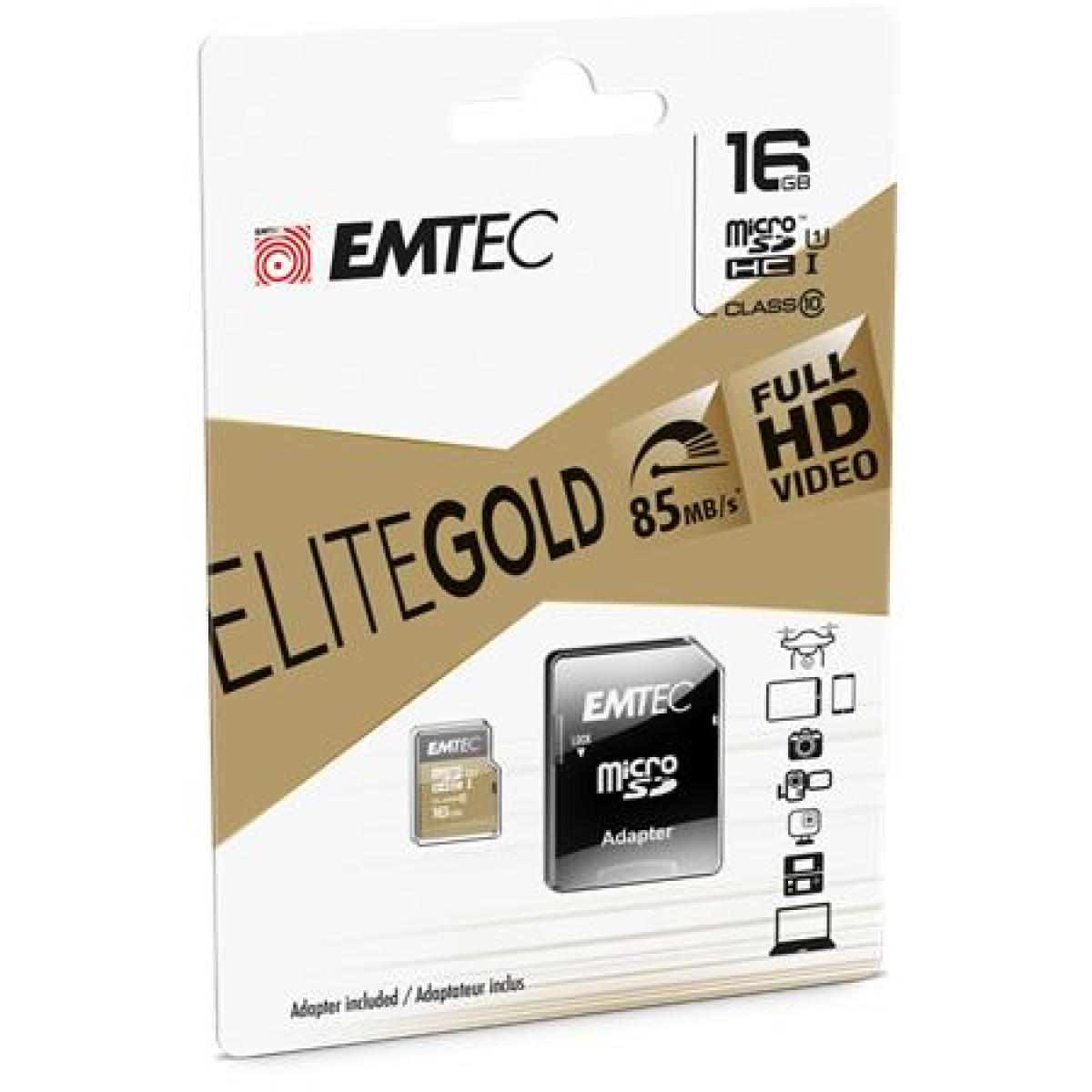 Memóriakártya microSDHC 16GB UHS-I/U1 85/20 MB/s adapter EMTEC Elite Gold