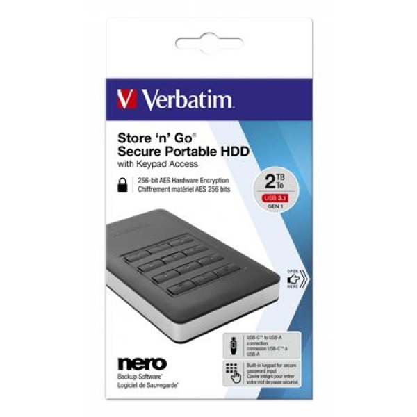 25 HDD (merevlemez) 2TB USB 3.1 jelszavas titkosítás VERBATIM Secure Portable fekete