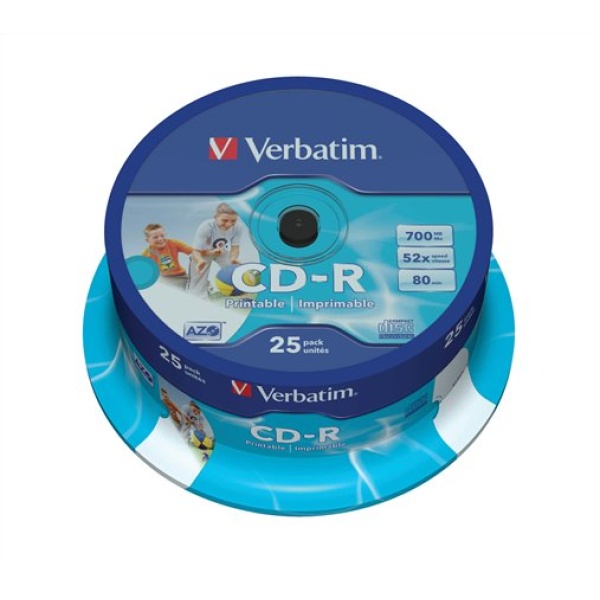 CD-R lemez nyomtatható matt ID AZO 700MB 52x 25 db hengeren VERBATIM