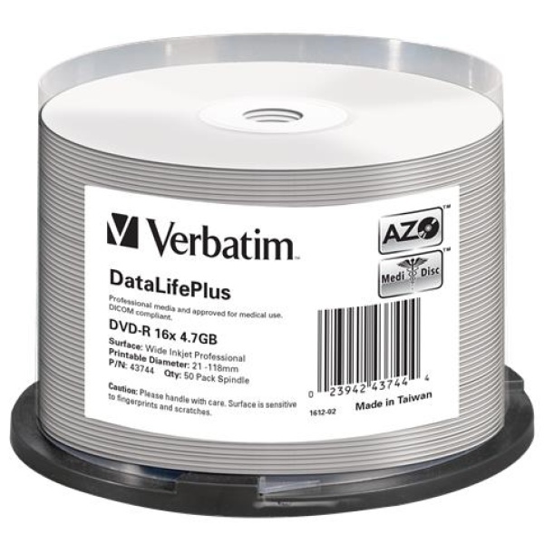 DVD-R lemez nyomtatható matt no-ID 47GB 16x 50 db hengeren VERBATIM