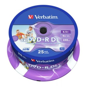 DVD+R lemez kétrétegű nyomtatható no-ID 85GB 8x 25 db hengeren VERBATIM Double Layer