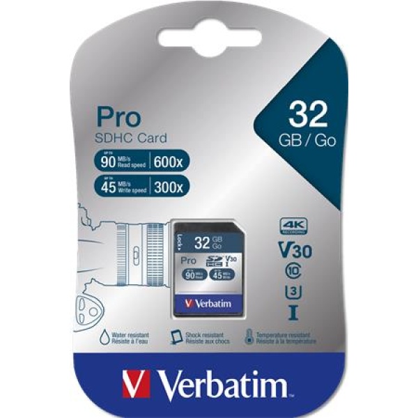 Memóriakártya SDHC 32GB CL10/U3 90/45MB/sec VERBATIM PRO