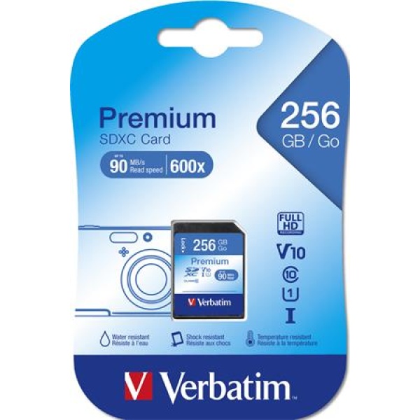 Memóriakártya SDXC 256GB CL10/U1 90/10 MB/s VERBATIM Premium Memóriakártya SDXC 256GB CL10/U1 90/10 MB/s VERBATIM Premium
