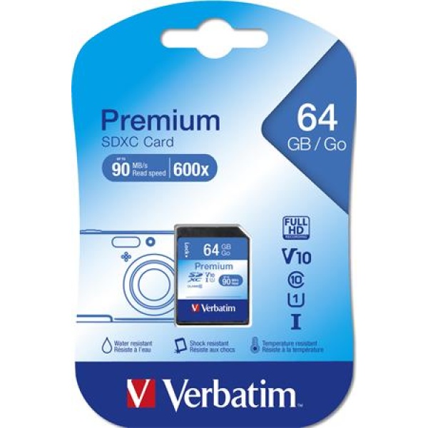 Memóriakártya SDXC 64GB CL10/U1 90/10 MB/s VERBATIM Premium