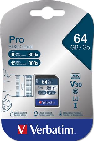Memóriakártya SDXC 64GB CL10/U3 90/45MB/sec VERBATIM PRO Memóriakártya SDXC 64GB CL10/U3 90/45MB/sec VERBATIM PRO