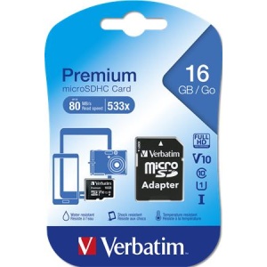 Memóriakártya microSDHC 16GB CL10/U1 45/10 MB/s adapter VERBATIM Premium