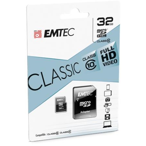 Memóriakártya microSDHC 32GB CL10 20/12 MB/s adapter EMTEC Classic