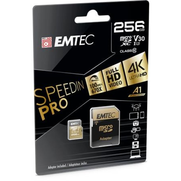 Memóriakártya microSDXC 256GB UHS-I/U3/V30/A2 100/95 MB/s adapter EMTEC SpeedIN