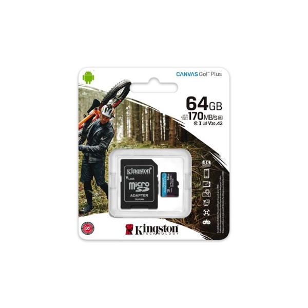 Memóriakártya microSDXC 64GB C10/UHS-I/U3/V30/A2 adapter KINGSTON Canvas Go! Plus