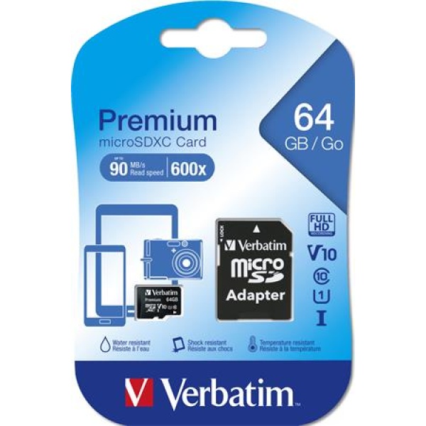 Memóriakártya microSDXC 64GB CL10/U1 90/10 MB/s adapter VERBATIM Premium
