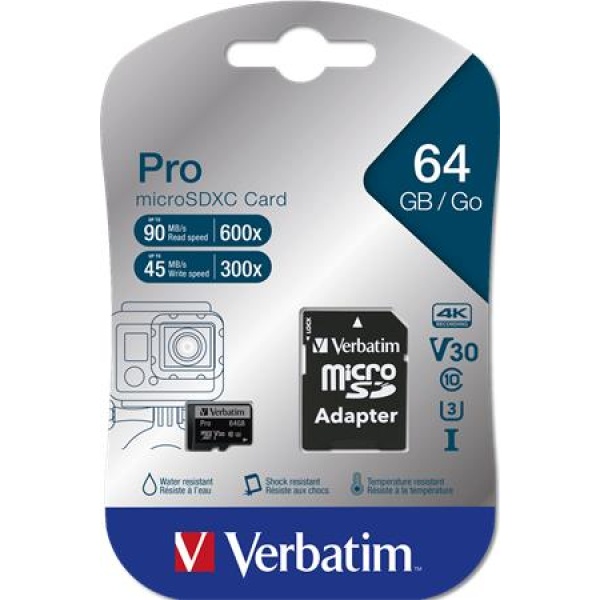 Memóriakártya microSDXC 64GB CL10/U3 90/45 MB/s adapter VERBATIM PRO