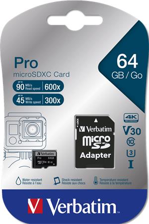 VERBATIM PRO microSDXC 64GB Memóriakártya 90MB/s U3 adapterrel VERBATIM PRO microSDXC 64GB Memóriakártya 90MB/s U3 adapterrel