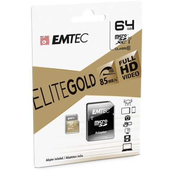 Memóriakártya microSDXC 64GB UHS-I/U1 85/20 MB/s adapter EMTEC Elite Gold