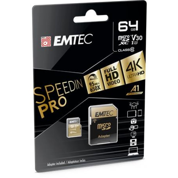 Memóriakártya microSDXC 64GB UHS-I/U3/V30/A2 100/95 MB/s adapter EMTEC SpeedIN