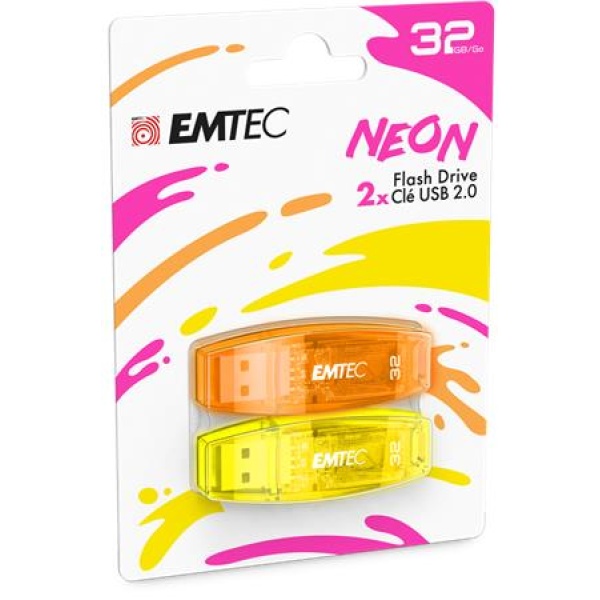 Pendrive 32GB 2 db USB 2.0 EMTEC C410 Neon narancs és citromsárga Pendrive 32GB 2 db USB 2.0 EMTEC C410 Neon narancs és citromsárga