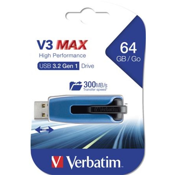 Pendrive 64GB USB 3.2 175/80 MB/s VERBATIM V3 MAX kék-fekete