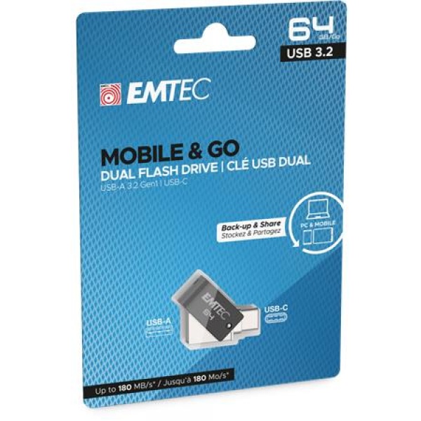Pendrive 64GB USB 3.2 USB-A bemenet/USB-C kimenet EMTEC T260C Dual Pendrive 64GB USB 3.2 USB-A bemenet/USB-C kimenet EMTEC T260C Dual