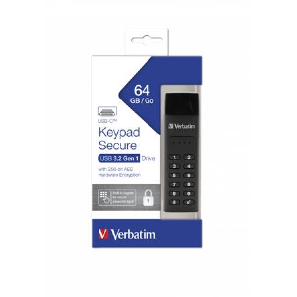 Pendrive 64GB USB-C (USB 3.2) titkosítás 160/130Mb/s VERBATIM Keypad Secure Pendrive 64GB USB-C (USB 3.2) titkosítás 160/130Mb/s VERBATIM Keypad Secure
