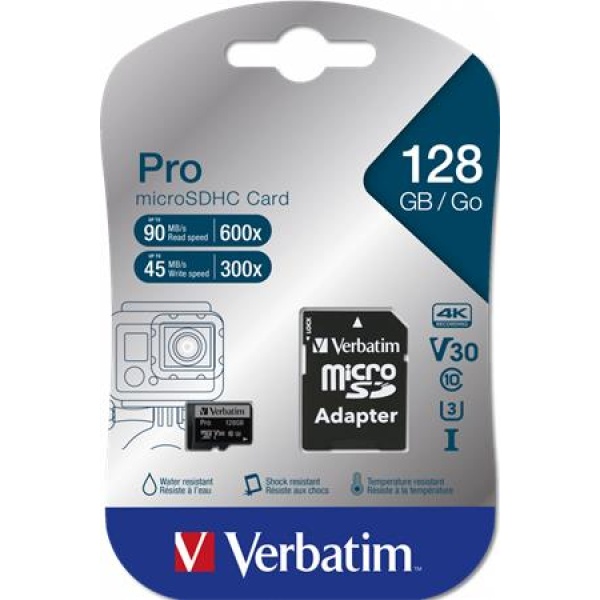 Memóriakártya microSDXC 128GB CL10/U3 90/45 MB/s adapter VERBATIM PRO