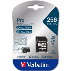 Memóriakártya microSDXC 256GB CL10/U3/A2 100/90 MB/s adapter VERBATIM  PRO