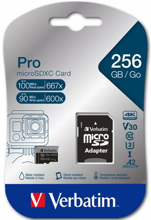 VERBATIM PRO microSDXC 256GB memóriakártya U3 A2 100/90 MB/s VERBATIM PRO microSDXC 256GB memóriakártya U3 A2 100/90 MB/s